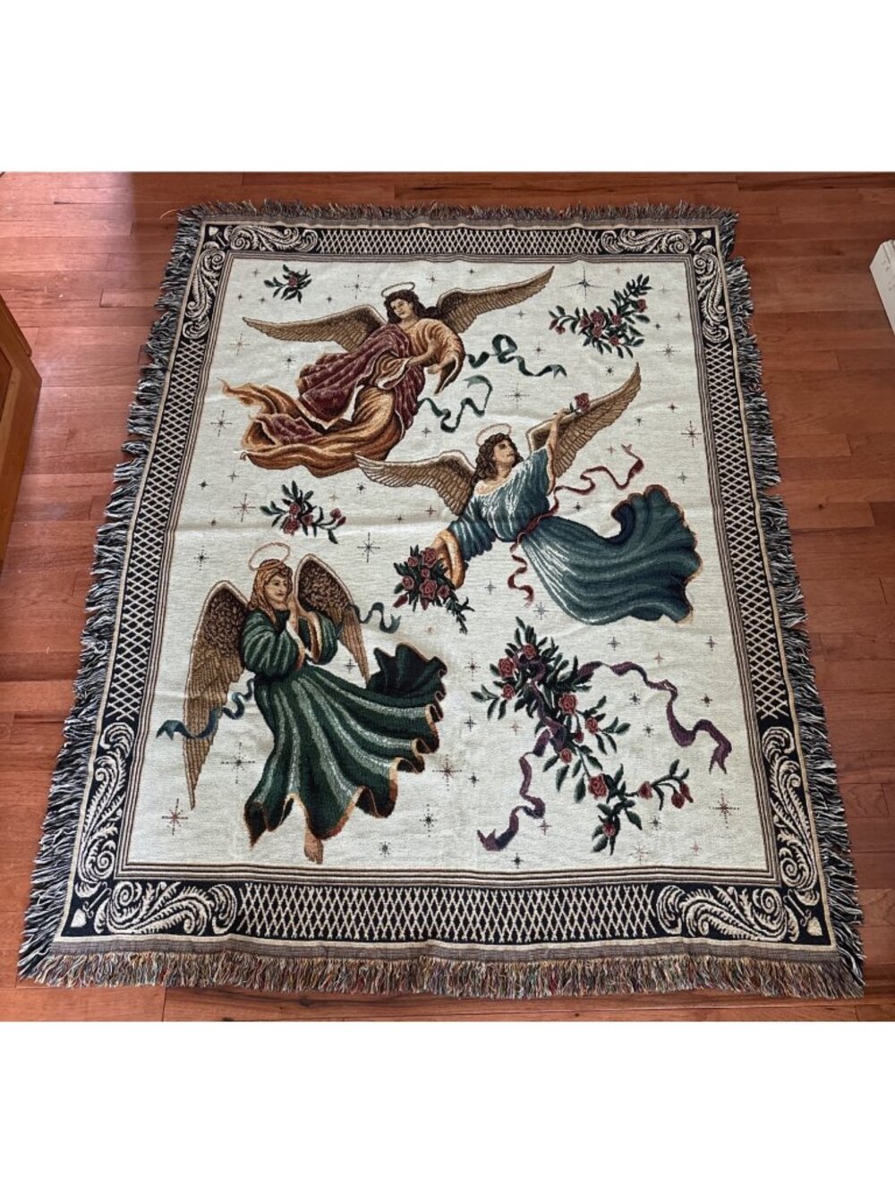 Angelic Tapestry Throw Blanket 79x51" Woven Fringe Heavenly Decor Angels Roses